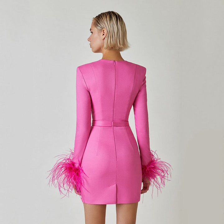 Women's Square Neck Bodycon Mini Dress – Feather Cuff Sleeves