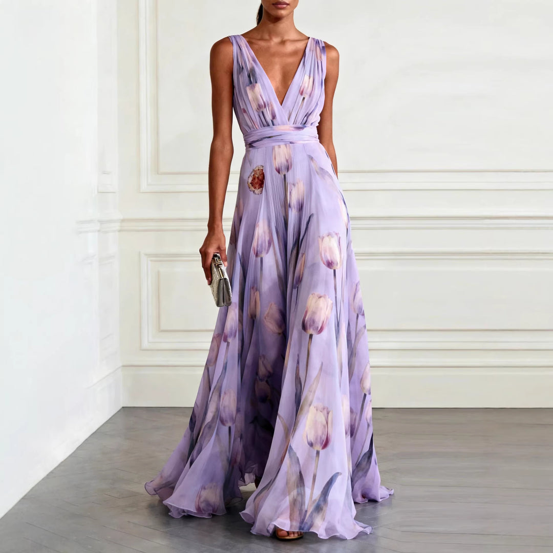 Women's Tulip Print Wrap V-Neck Sleeveless Maxi Dress
