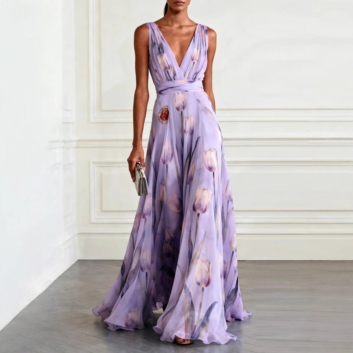 Women's Tulip Print Wrap V-Neck Sleeveless Maxi Dress