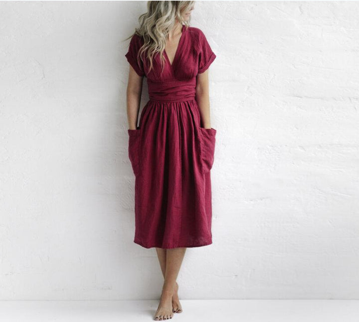 Midi Dress – V-Neck, Pleated Waist & Pockets