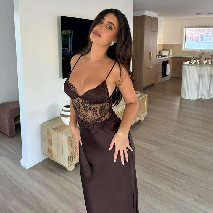 Women's Satin Two-Piece Set – Lace Crop Top & Maxi Skirt