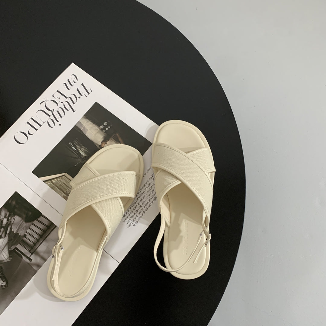 Women's Flat Sandals – Canvas & Leather Crossover Slingback