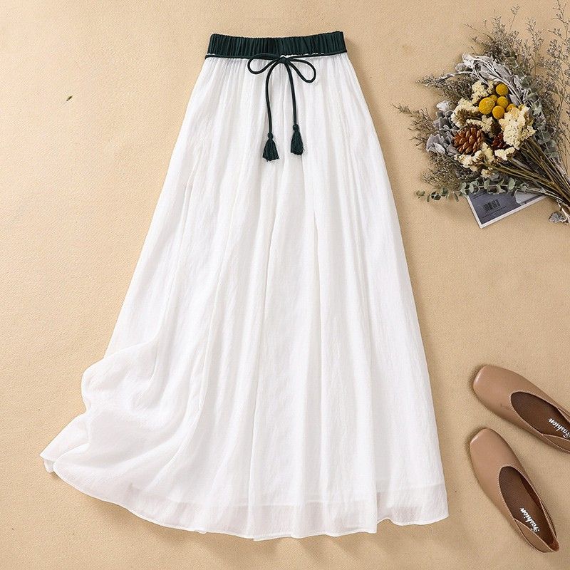 Women's Linen A-Line Maxi Skirt Gathered Waist – Contrast Waistband