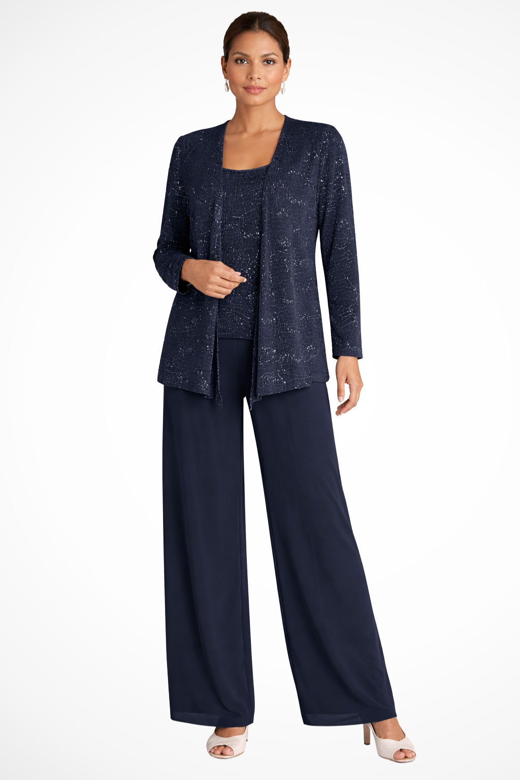 Sequin Lace Three-Piece Suit – Women's Wide Leg Trouser Set