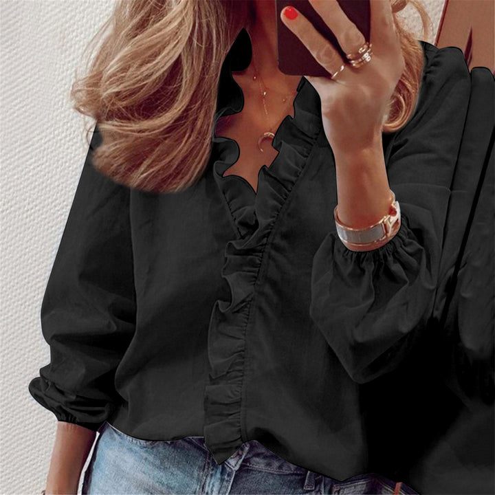 Women's Ruffle Front V-Neck Blouse Long Sleeve – Relaxed Elegant