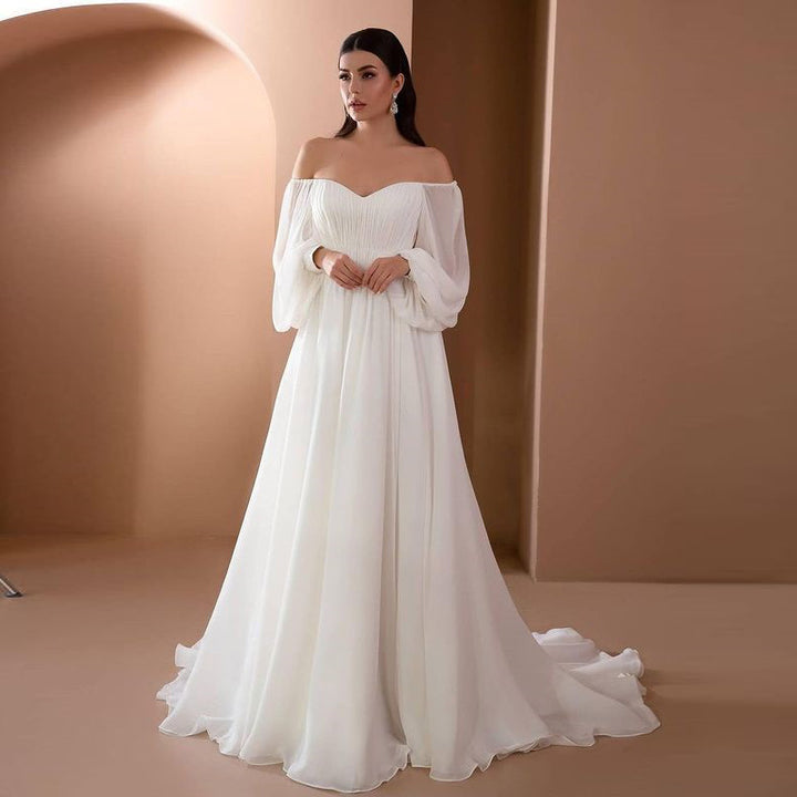 Women's Chiffon Blend Maxi Dress – Off Shoulder Puff Sleeve A-Line