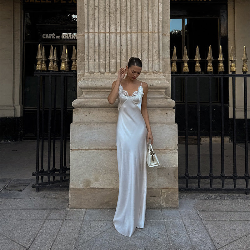 Satin Maxi Dress with Lace Accents – Women's Flowy Long Dress