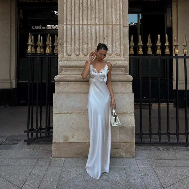 Satin Maxi Dress with Lace Accents – Women's Flowy Long Dress