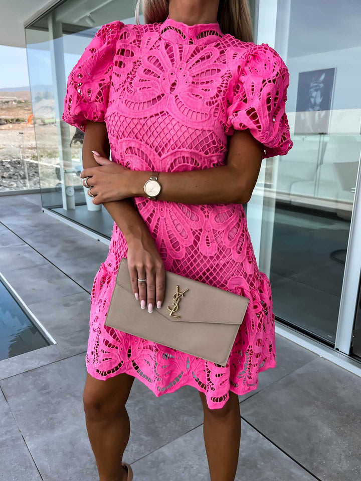 Lace Mini Dress – High Neck Puff Sleeve Cocktail Dress
