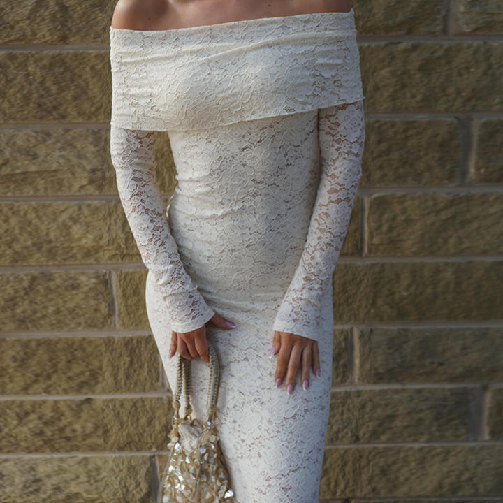 Off Shoulder Lace Maxi Dress – Mermaid Flared Sleeves