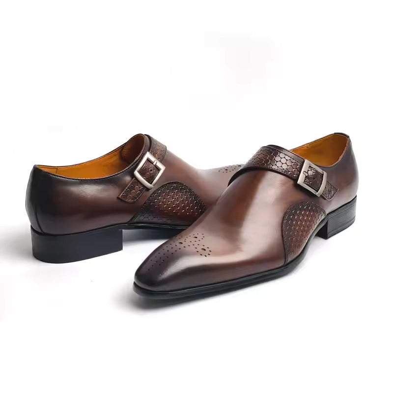 Men's Cowhide Leather Monk Strap Dress Shoe – Pointed Carved Detail