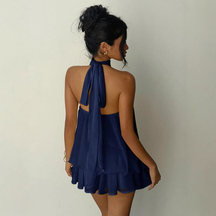 Women's Chiffon Mini Dress – Tiered Ruffle Halter Neck