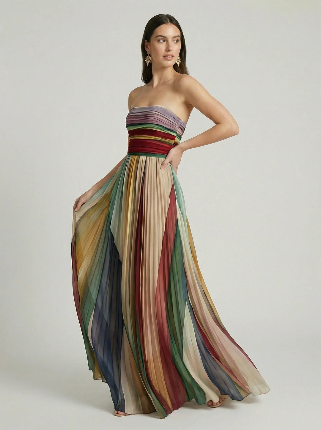 Women's Strapless Maxi Dress Bandeau Bodice – Pleated Full Length