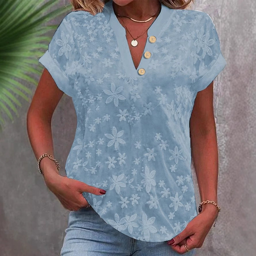 Women's Embroidered Lace Blouse – V-Neck Button-Front