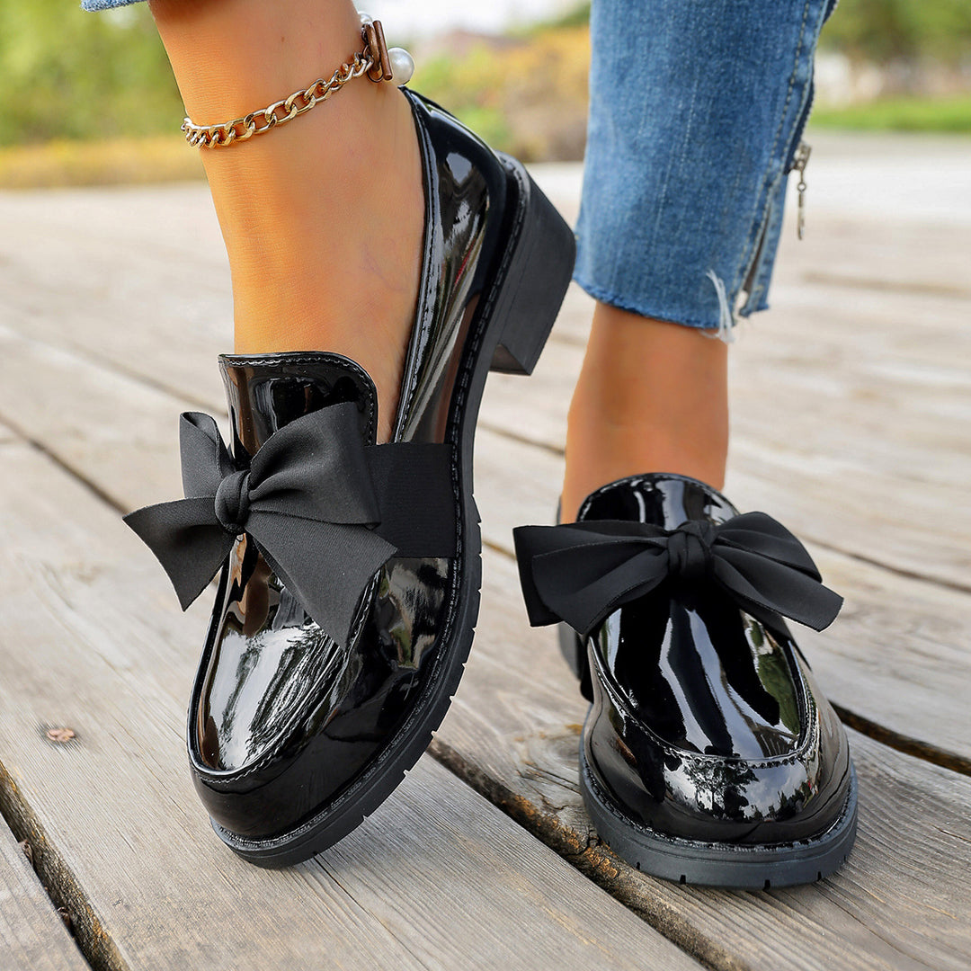 Women's Glossy Leather Bow Loafers – Moc-Toe Slip-On Platform Outsole