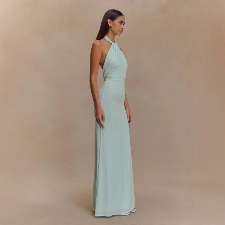 Satin Halter Maxi Gown – Open Back Ruched Waist Dress