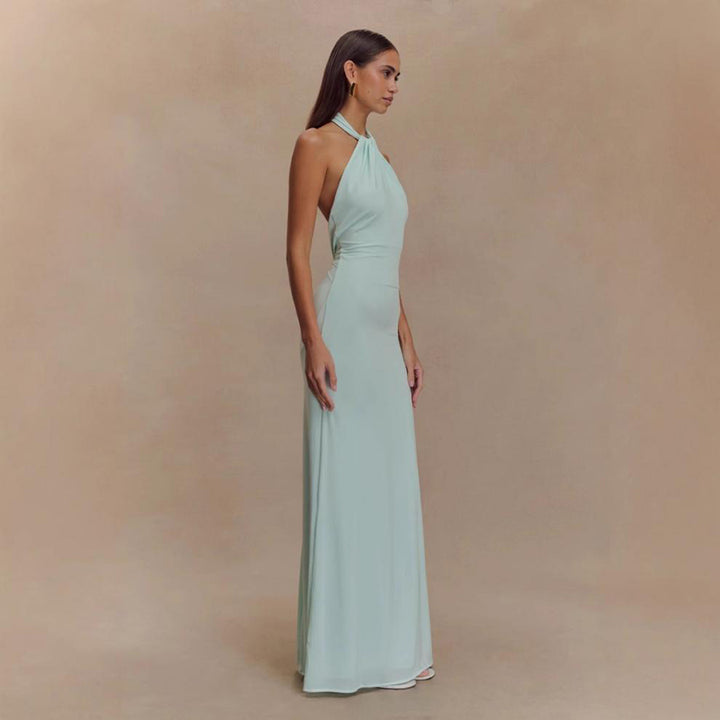 Satin Halter Maxi Gown – Open Back Ruched Waist Dress