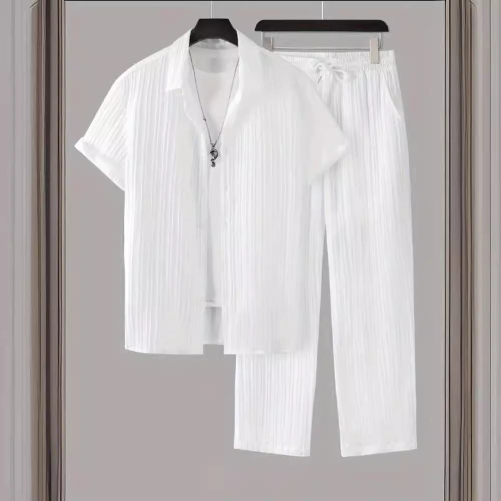 Men's Two Piece Set – Textured Stripe Shirt & Drawstring Trousers