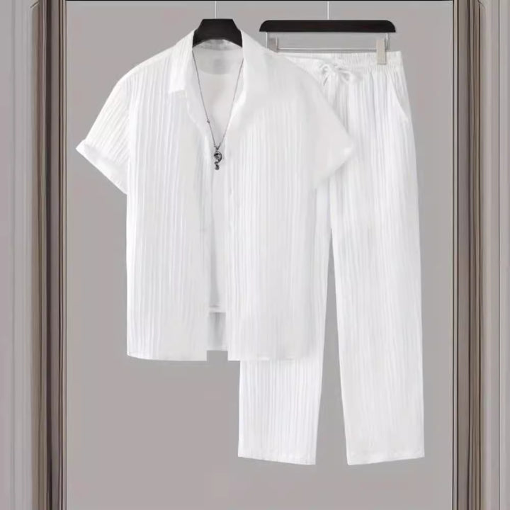 Men's Two Piece Set – Textured Stripe Shirt & Drawstring Trousers