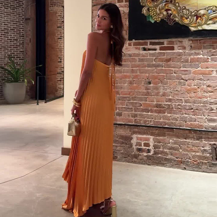 Women's Pleated Halter Midi Dress – Asymmetric Hem