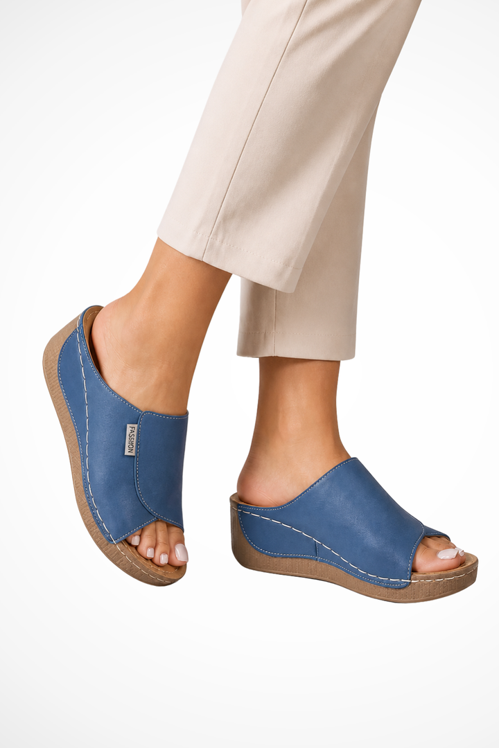 Women's Leather Wedge Mules – Open Toe Slip-On Design