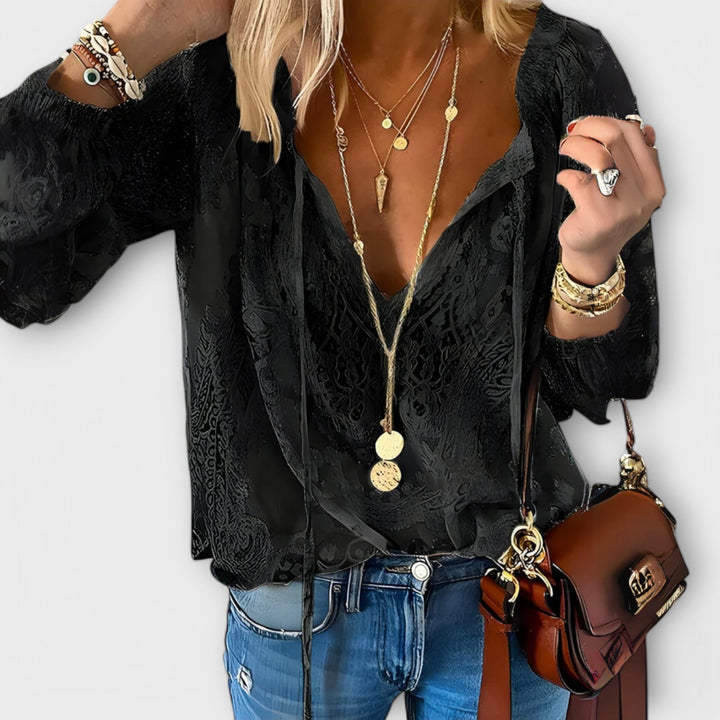 Women's Boho V-Neck Long Sleeve Top – Relaxed Delicate Texture Summer