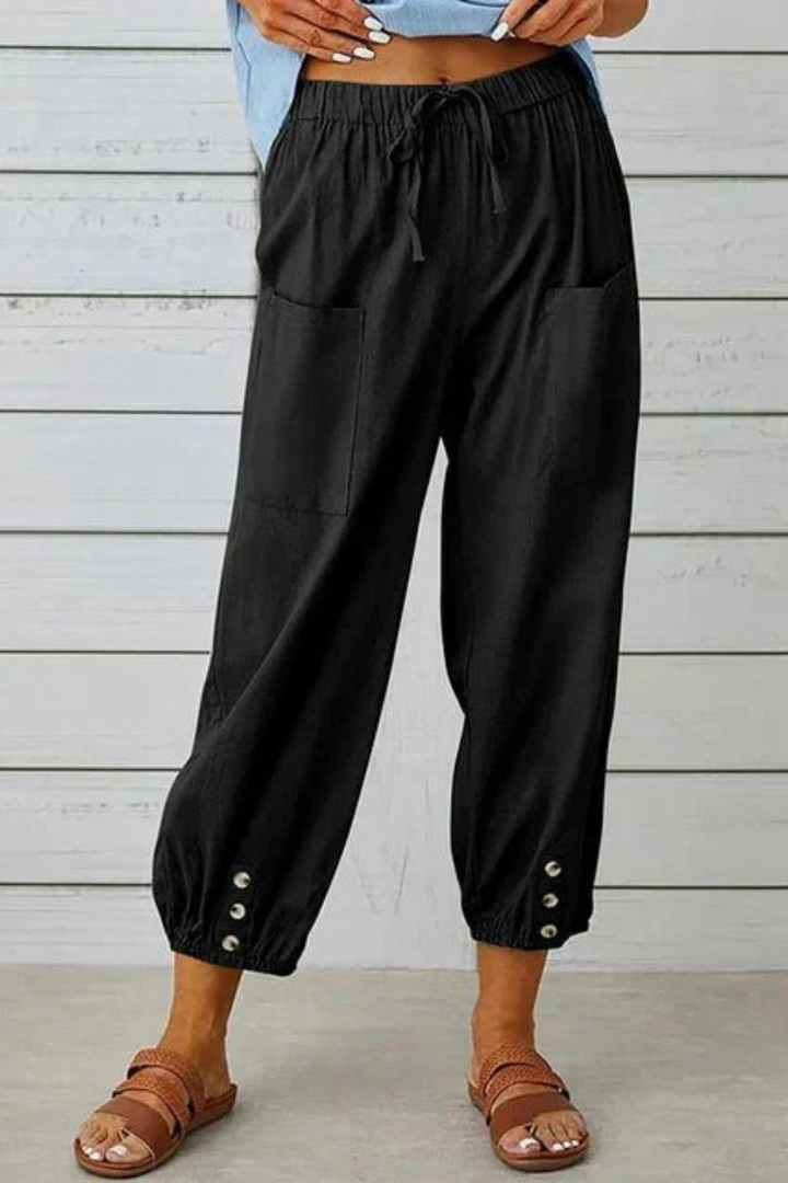 Women's Linen Cropped Pants – Drawstring Waist & Button Hem