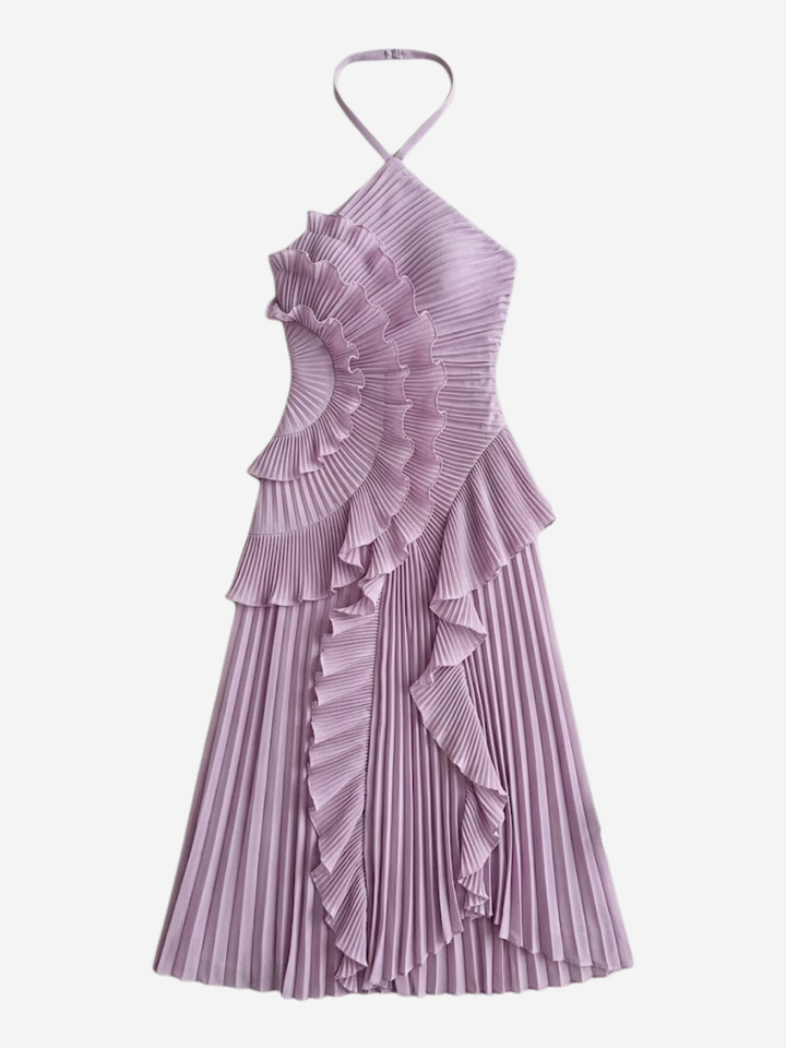 Halter Neck Midi Dress – Pleated Cascading Ruffle Detail