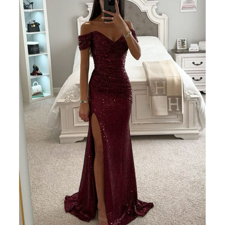 Sequin Maxi Dress – Off-Shoulder High Slit Gala Gown