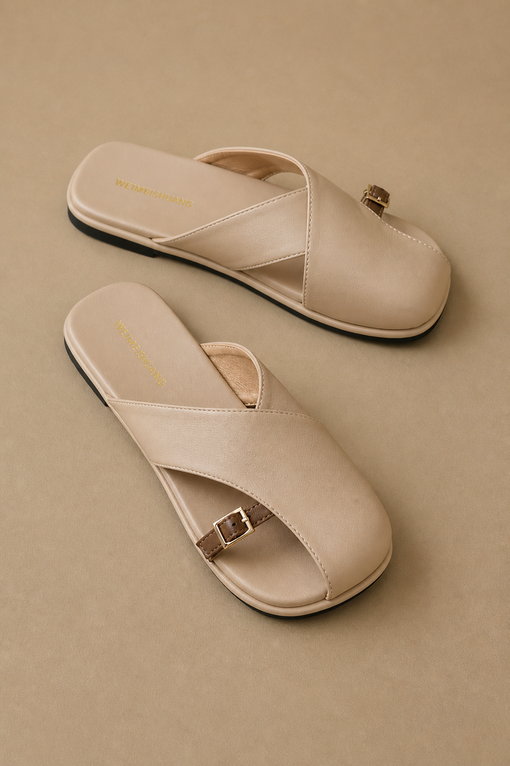 Women's Flat Sandals – Leather Fisherman Cross Strap Square Toe
