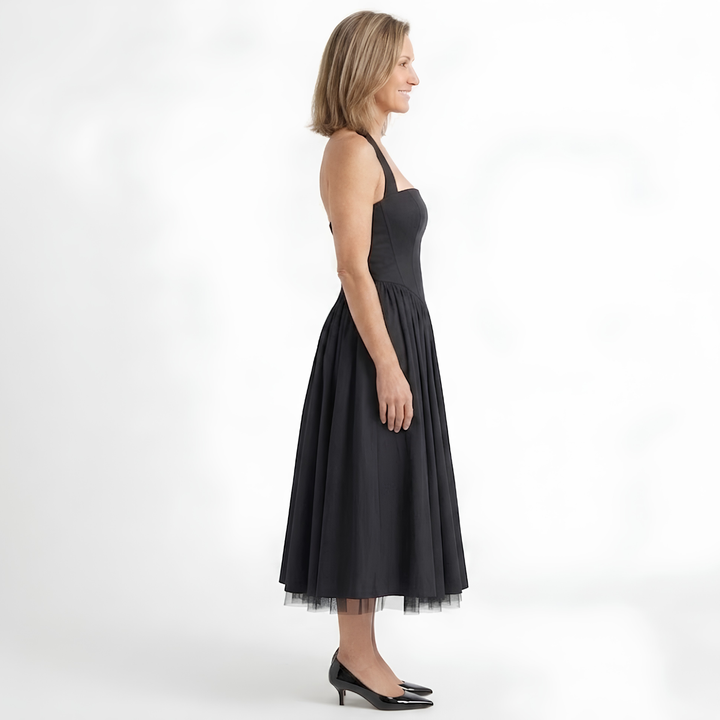 Midi Dress Halter Open Back Trapeze – Fitted Bodice Flared Skirt Style