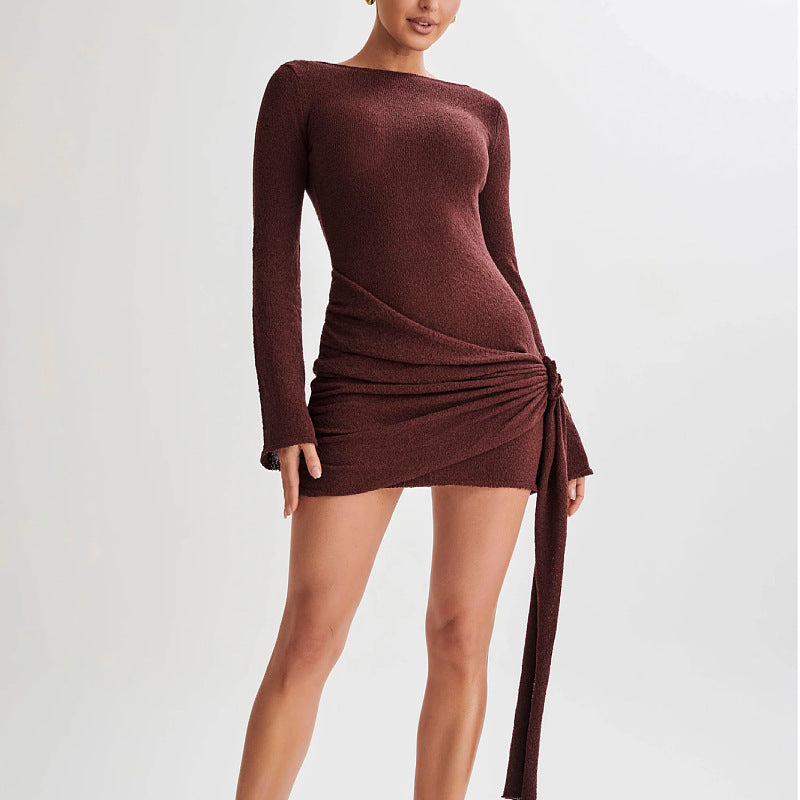 Women's Backless Mini Dress Long Sleeve V-Back – Slim Hip-Hugging Fit