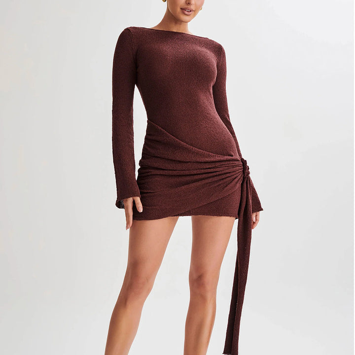 Women's Backless Mini Dress Long Sleeve V-Back – Slim Hip-Hugging Fit