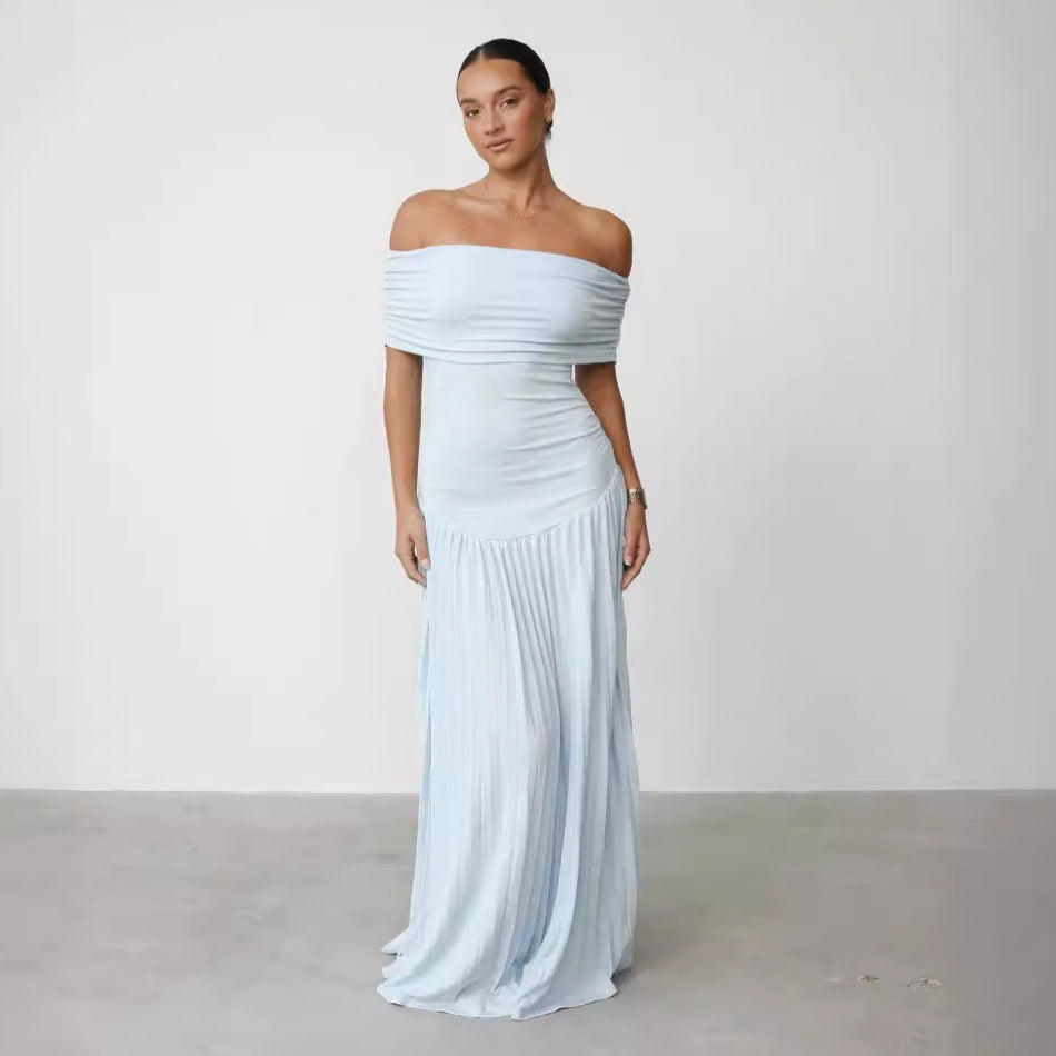 Off Shoulder Midi Dress – Pleated Skirt Elegant Fit