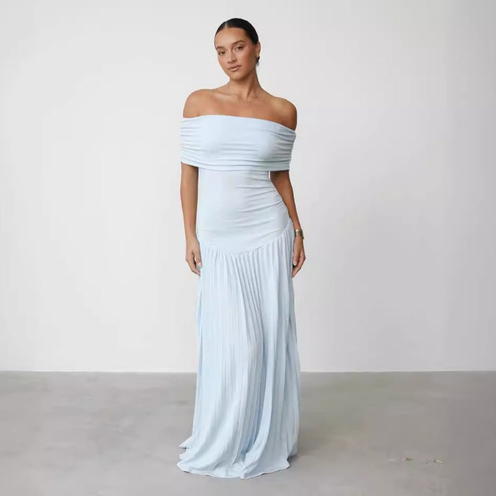 Off Shoulder Midi Dress – Pleated Skirt Elegant Fit