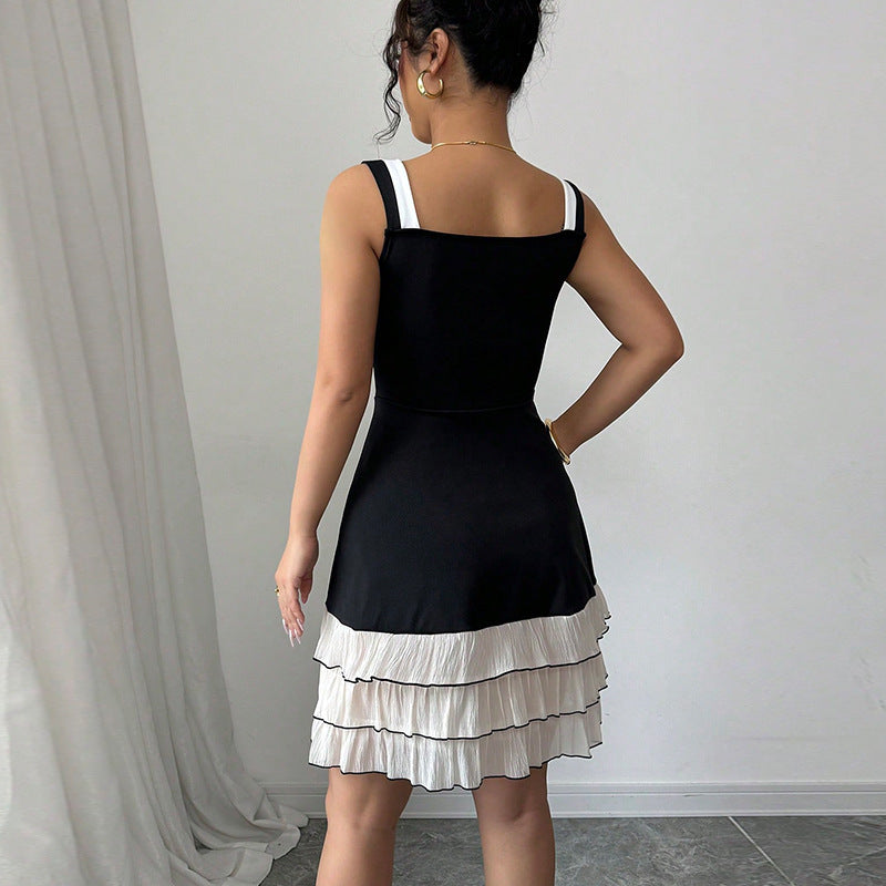 Tiered Midi Dress – Contrast Color Multi-Layer Cake Sling Style