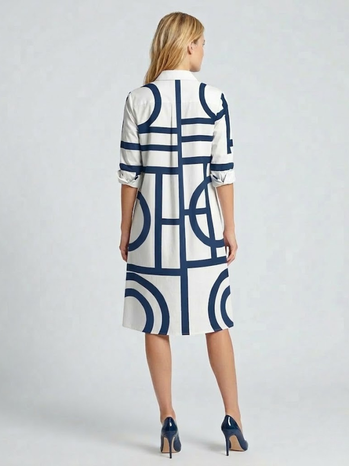 Shirt Midi Dress – Geometric Print A-Line Button-Through