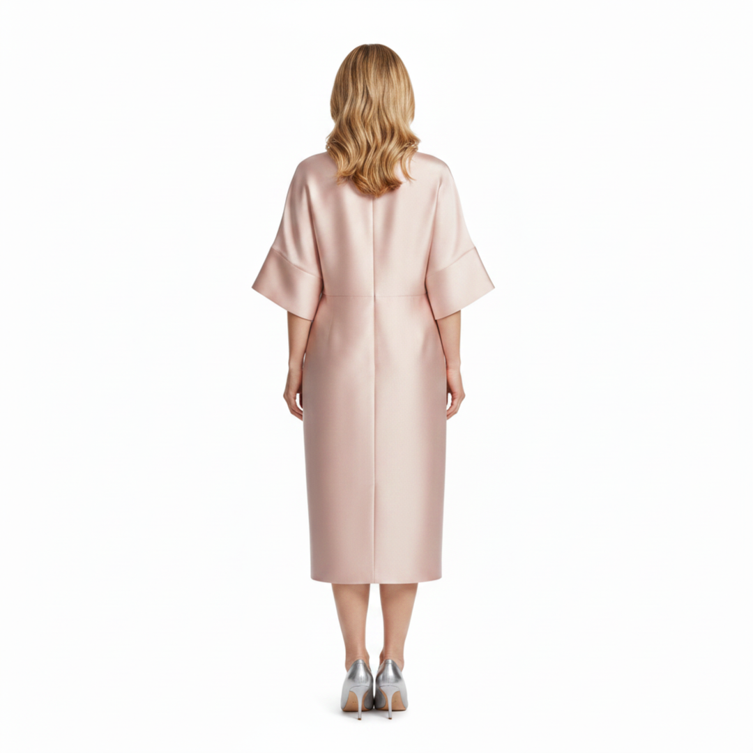 Women's Satin Midi Dress Batwing Sleeves – Bateau Neckline Jewel Waist