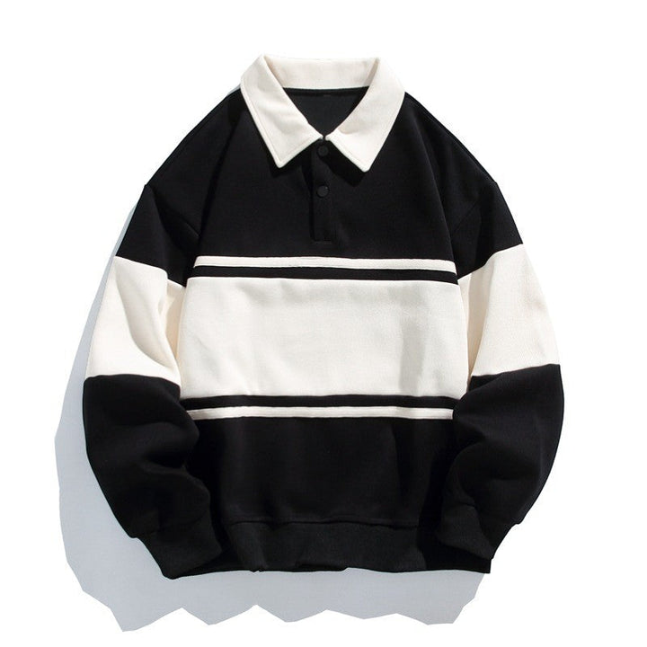 Men's Cotton Blend Sweatshirt – Polo Collar Contrast Panels Relaxed Fit