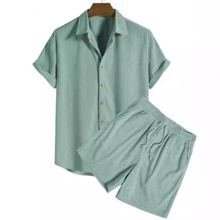 Men's Two Piece Set – Ribbed Shirt & Shorts Matching Summer Set