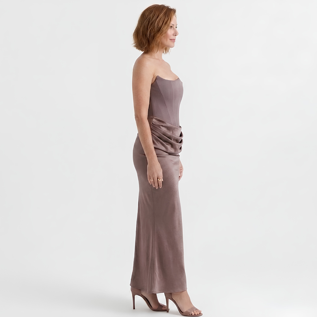 Maxi Bodycon Dress Strapless Bustier – Strategic Ruching Ankle Gown