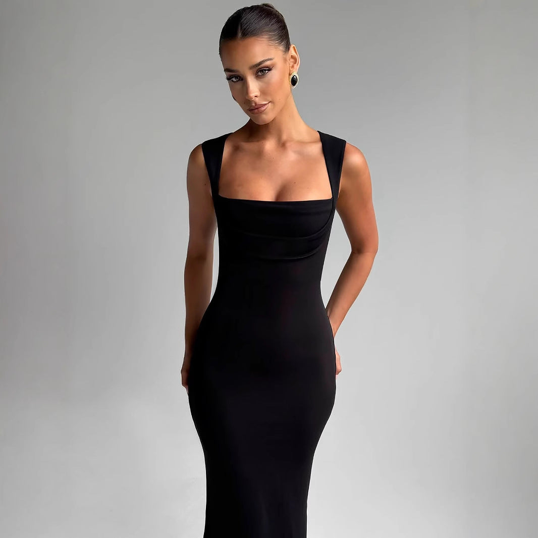 Women's Slim Fit Square Neck Sleeveless Maxi Dress – Bodycon Hip-Wrap