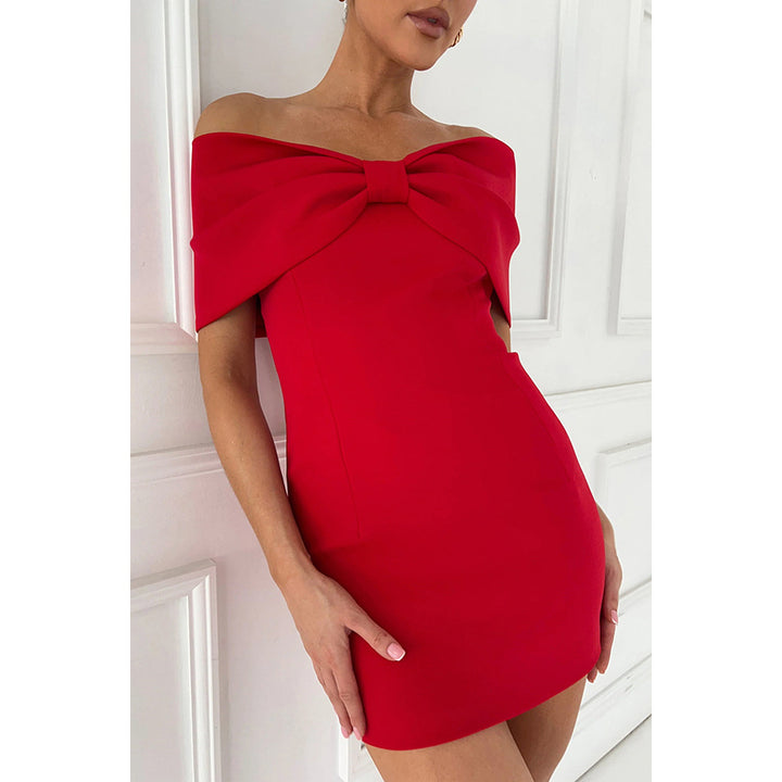 Off-Shoulder Mini Dress Lightweight Woven Fabric | Tie-Neck Silhouette