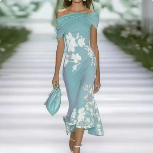 Floral Woven Midi Dress – Off Shoulder Fitted Silhouette
