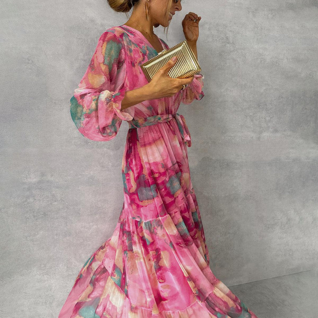 Women's Abstract Floral Wrap Maxi Dress – Tiered Long Sleeve