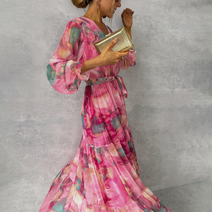 Women's Abstract Floral Wrap Maxi Dress – Tiered Long Sleeve