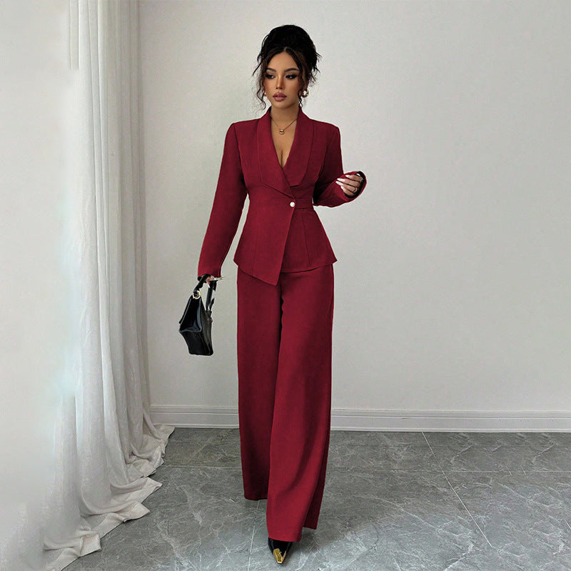 Women's V-Neck Long Sleeve Top & Wide Leg Trouser Set