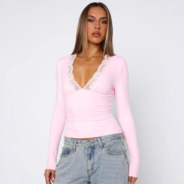Women's Lace Blouse – V-Neck Long Sleeve Top