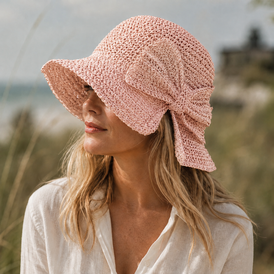 Women's Sun Hat – Woven Short Brim with Side Bow Detail