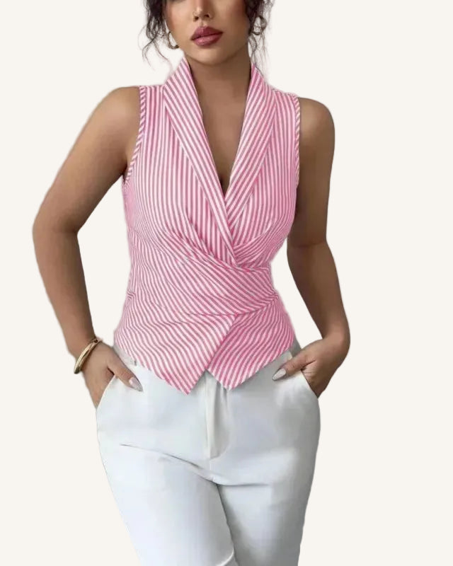 Women's Sleeveless Wrap Blouse – Striped Shawl Collar & Tie Waist